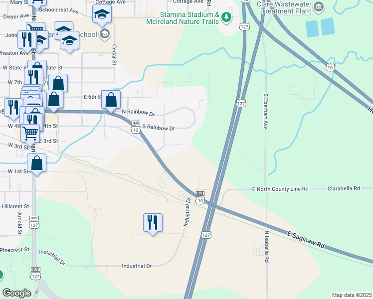 map of restaurants, bars, coffee shops, grocery stores, and more near 6055 South Rainbow Drive in Clare