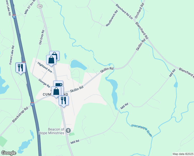 map of restaurants, bars, coffee shops, grocery stores, and more near 36 Skillin Road in Cumberland