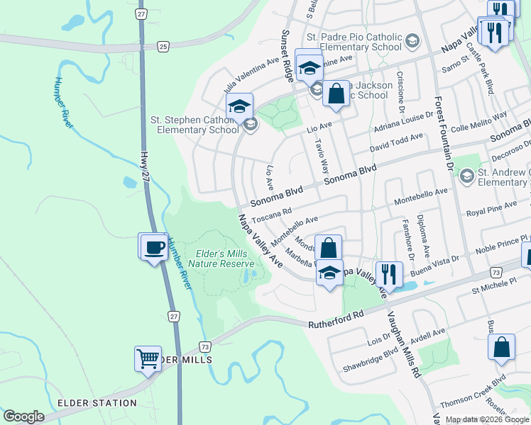 map of restaurants, bars, coffee shops, grocery stores, and more near 34 Toscana Road in Vaughan