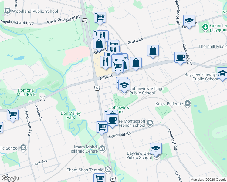 map of restaurants, bars, coffee shops, grocery stores, and more near 22 Porterfield Crescent in Markham