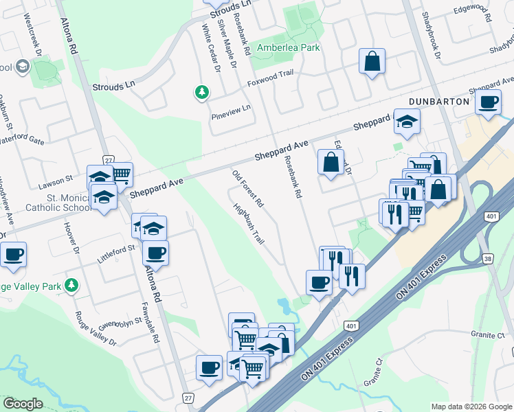 map of restaurants, bars, coffee shops, grocery stores, and more near 1470 Old Forest Road in Pickering