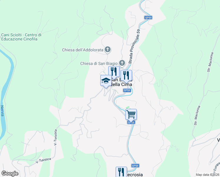 map of restaurants, bars, coffee shops, grocery stores, and more near 15 Via Antonio Molinari in San Biagio della Cima