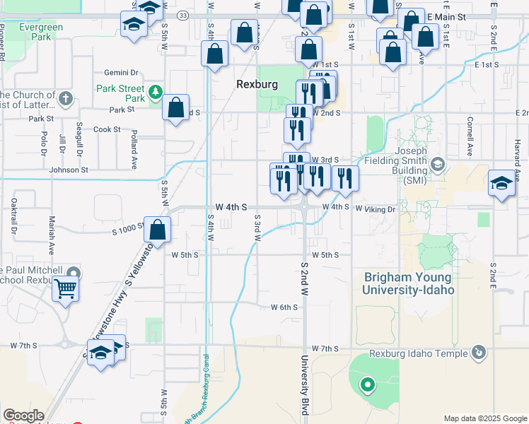 map of restaurants, bars, coffee shops, grocery stores, and more near 345 South 3rd West in Rexburg