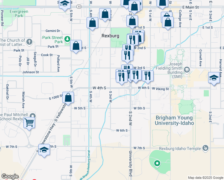 map of restaurants, bars, coffee shops, grocery stores, and more near 345 South 3rd West in Rexburg