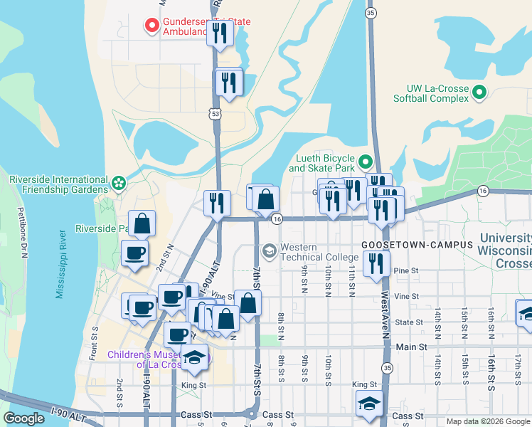 map of restaurants, bars, coffee shops, grocery stores, and more near 620 7th Street North in La Crosse