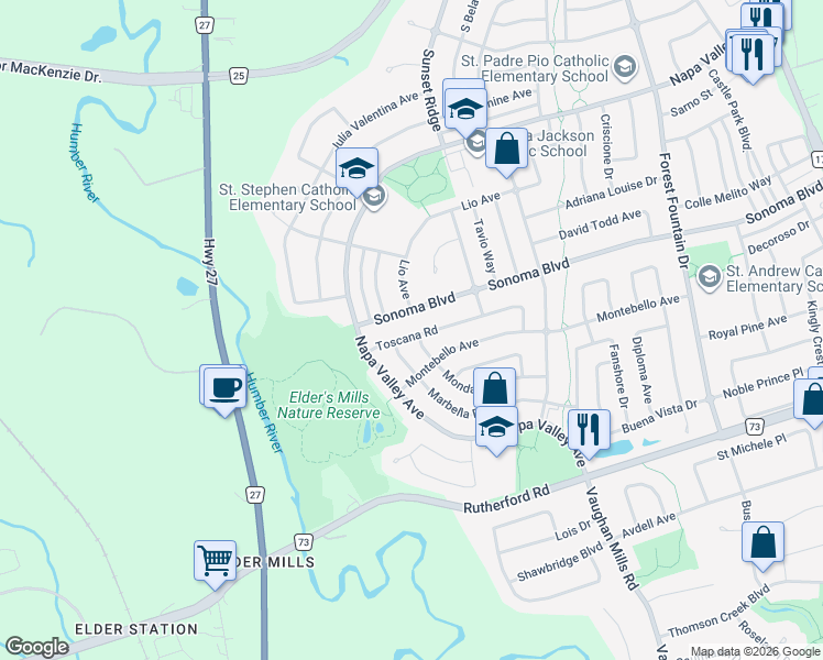 map of restaurants, bars, coffee shops, grocery stores, and more near 48 Toscana Road in Vaughan