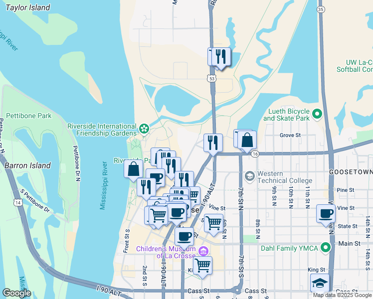 map of restaurants, bars, coffee shops, grocery stores, and more near 1 Oktoberfest Strasse in La Crosse