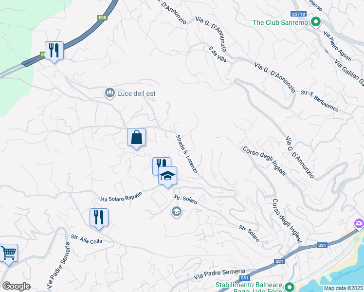 map of restaurants, bars, coffee shops, grocery stores, and more near 76 Strada San Lorenzo in Sanremo