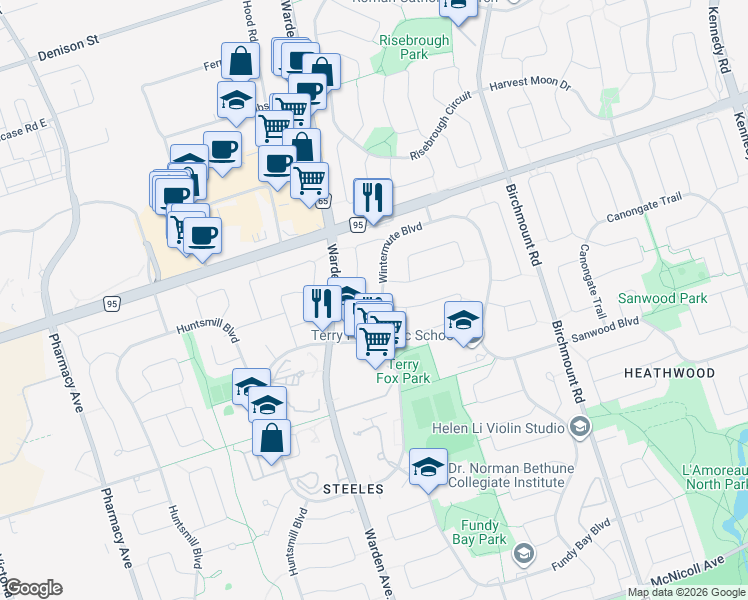 map of restaurants, bars, coffee shops, grocery stores, and more near in Toronto