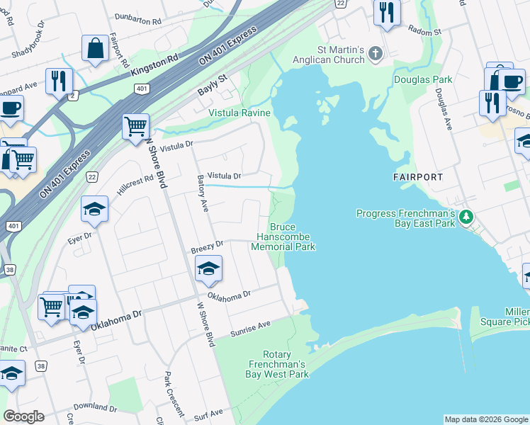 map of restaurants, bars, coffee shops, grocery stores, and more near 968 Essa Crescent in Pickering