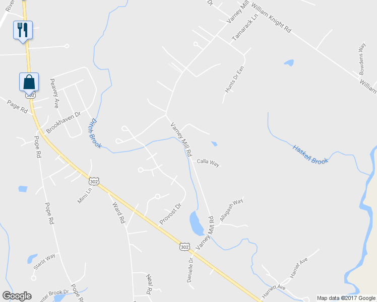 map of restaurants, bars, coffee shops, grocery stores, and more near 46 Varney Mill Road in Windham