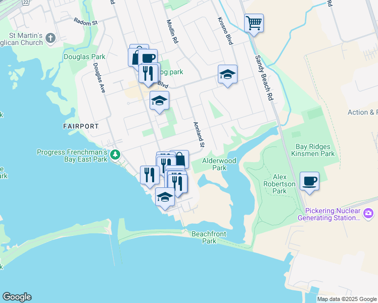 map of restaurants, bars, coffee shops, grocery stores, and more near 652 Annland Street in Pickering