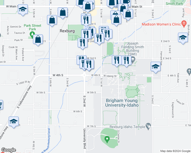 map of restaurants, bars, coffee shops, grocery stores, and more near 129 West 4th South in Rexburg