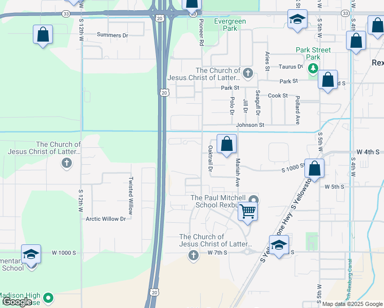 map of restaurants, bars, coffee shops, grocery stores, and more near 398 Pioneer Road in Rexburg
