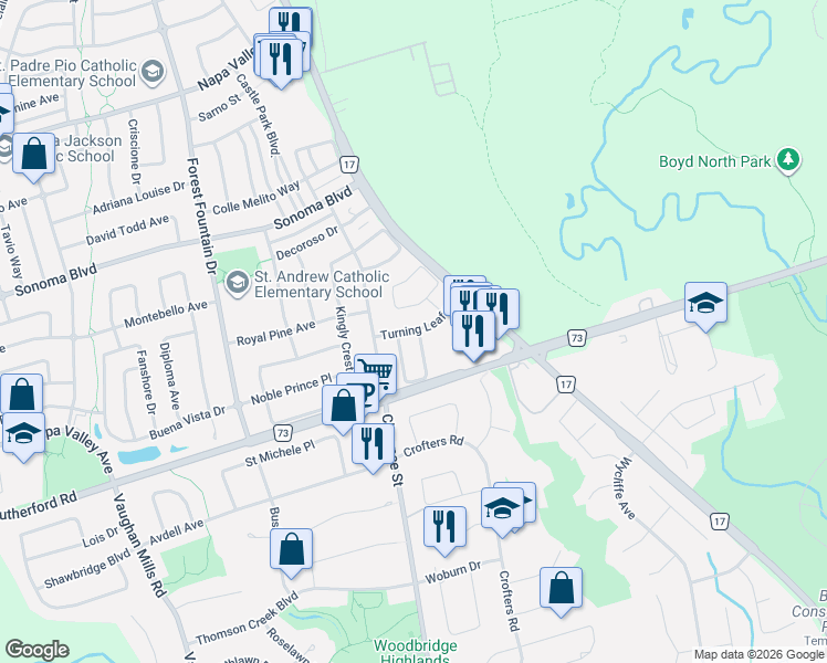 map of restaurants, bars, coffee shops, grocery stores, and more near 57 Turning Leaf Drive in Vaughan