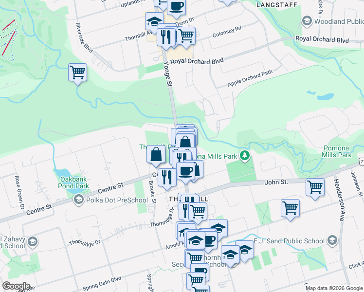 map of restaurants, bars, coffee shops, grocery stores, and more near 7811 Yonge Street in Markham