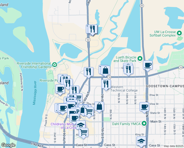 map of restaurants, bars, coffee shops, grocery stores, and more near 411 La Crosse Street in La Crosse