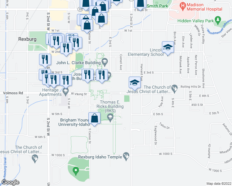 map of restaurants, bars, coffee shops, grocery stores, and more near in Rexburg
