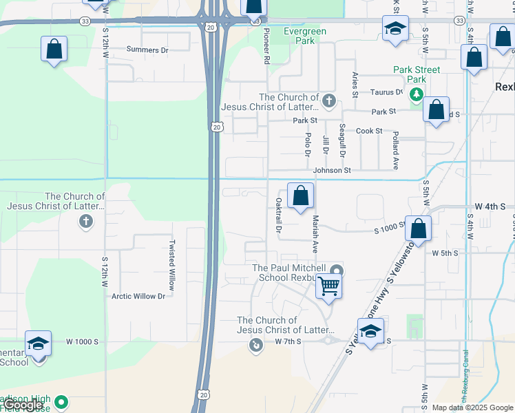 map of restaurants, bars, coffee shops, grocery stores, and more near 376 Pioneer Road in Rexburg