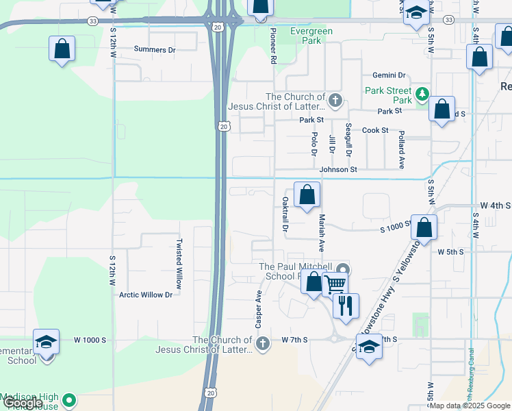map of restaurants, bars, coffee shops, grocery stores, and more near 376 Pioneer Road in Rexburg