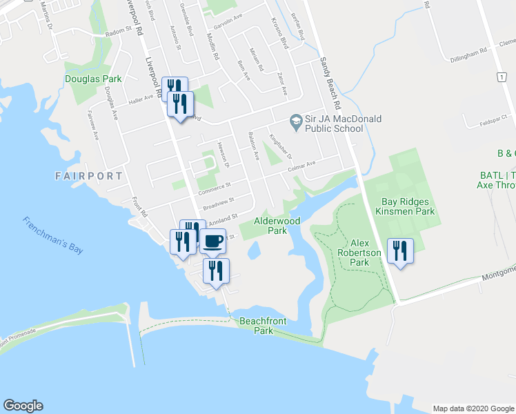 map of restaurants, bars, coffee shops, grocery stores, and more near in Pickering