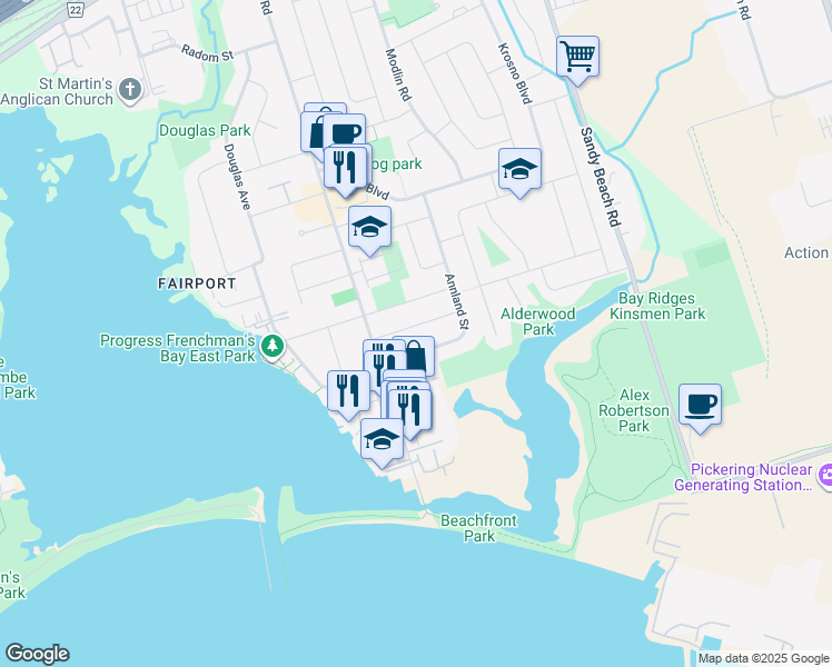 map of restaurants, bars, coffee shops, grocery stores, and more near in Pickering