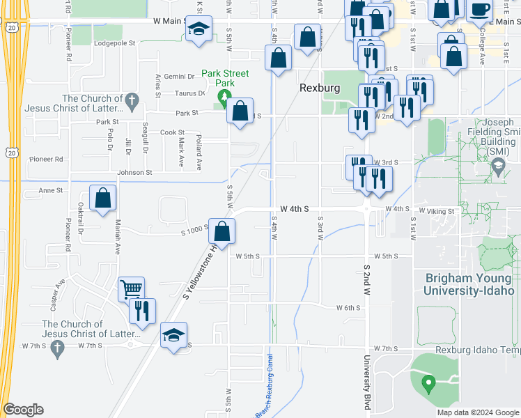 map of restaurants, bars, coffee shops, grocery stores, and more near 420 W 4th S in Rexburg