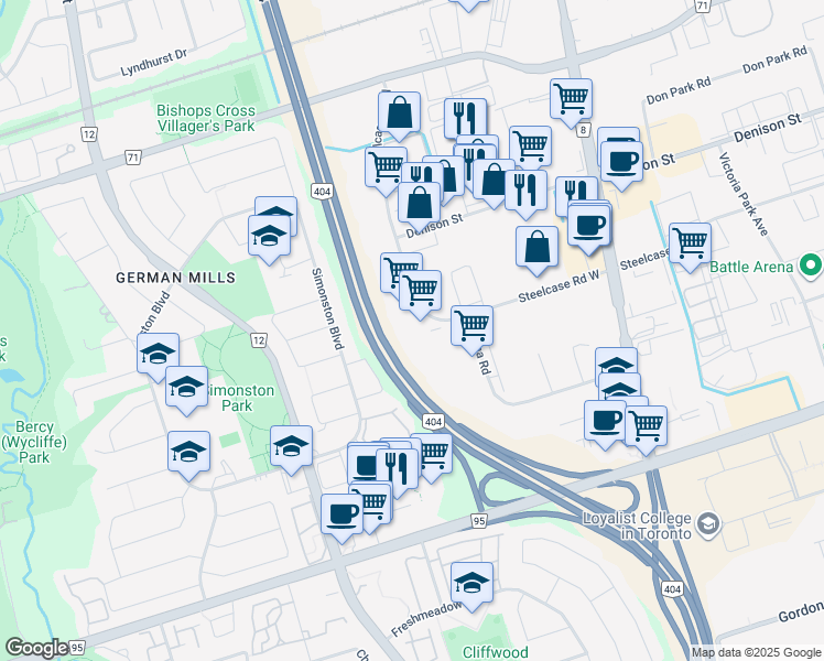 map of restaurants, bars, coffee shops, grocery stores, and more near 77 Steelcase Road West in Markham