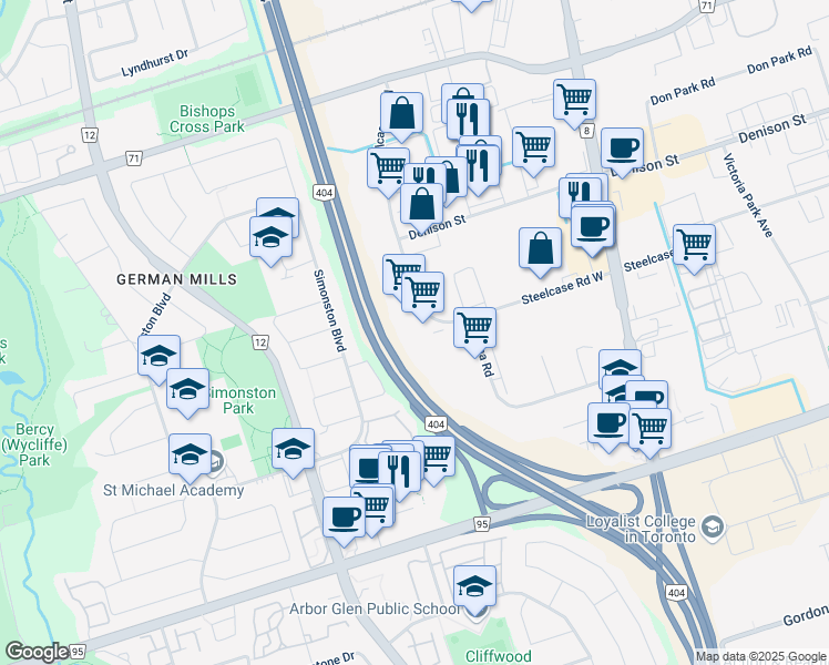 map of restaurants, bars, coffee shops, grocery stores, and more near 77 Steelcase Road West in Markham