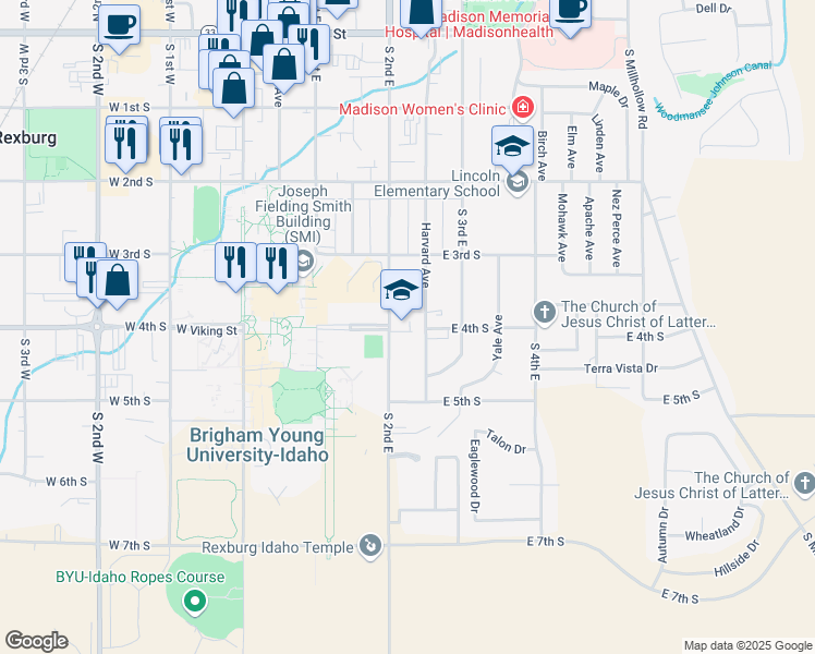 map of restaurants, bars, coffee shops, grocery stores, and more near 379 South 2nd East in Rexburg