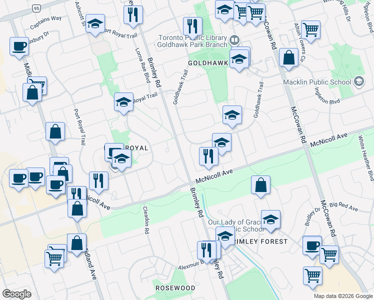 map of restaurants, bars, coffee shops, grocery stores, and more near 7 Barnwell Drive in Toronto