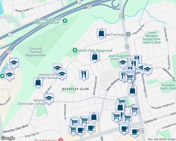 map of restaurants, bars, coffee shops, grocery stores, and more near 25 Grenadier Crescent in Vaughan
