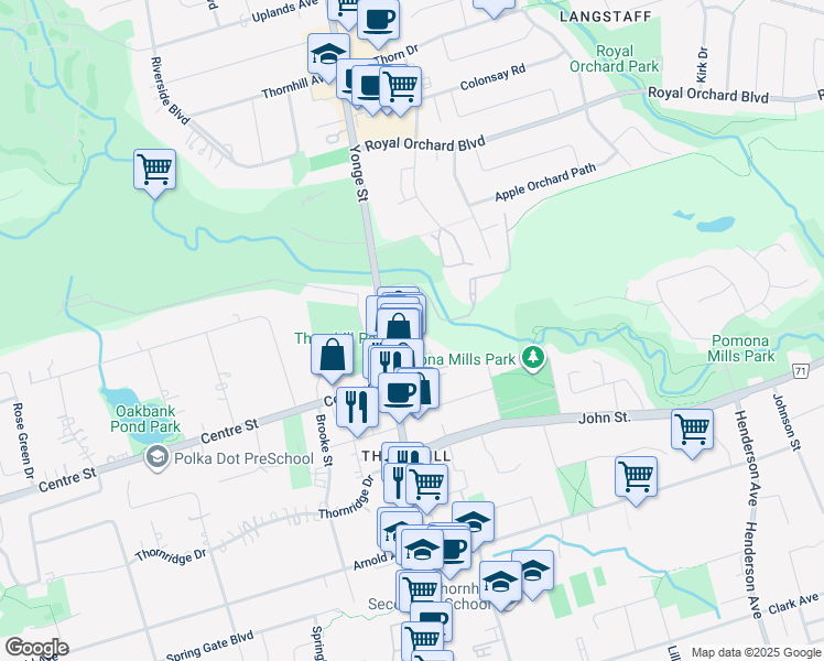 map of restaurants, bars, coffee shops, grocery stores, and more near 7811 Yonge Street in Markham