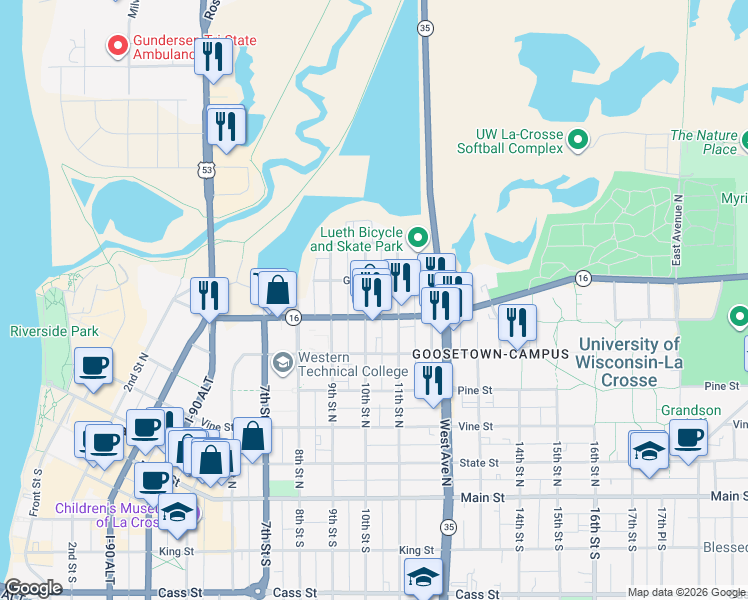 map of restaurants, bars, coffee shops, grocery stores, and more near 624 10th Street North in La Crosse