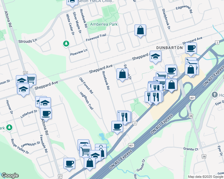 map of restaurants, bars, coffee shops, grocery stores, and more near 1461 Rosebank Road in Pickering