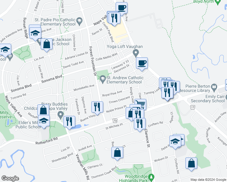 map of restaurants, bars, coffee shops, grocery stores, and more near 94 Castillian Drive in Vaughan