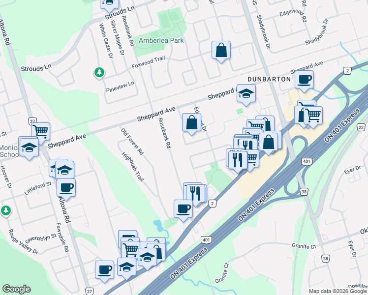 map of restaurants, bars, coffee shops, grocery stores, and more near 525 Sundown Crescent in Pickering