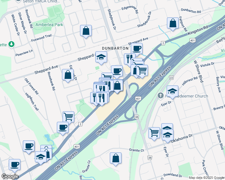 map of restaurants, bars, coffee shops, grocery stores, and more near 650 Kingston Road in Pickering