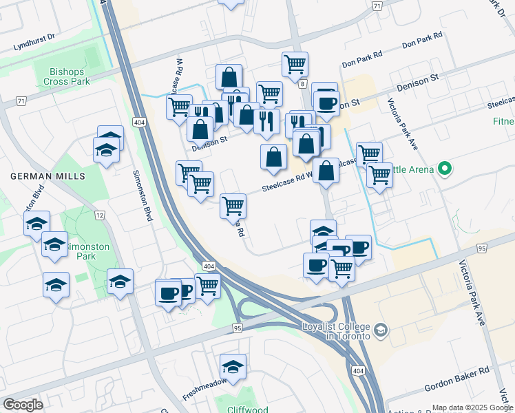 map of restaurants, bars, coffee shops, grocery stores, and more near 1 Steelcase Road West in Markham