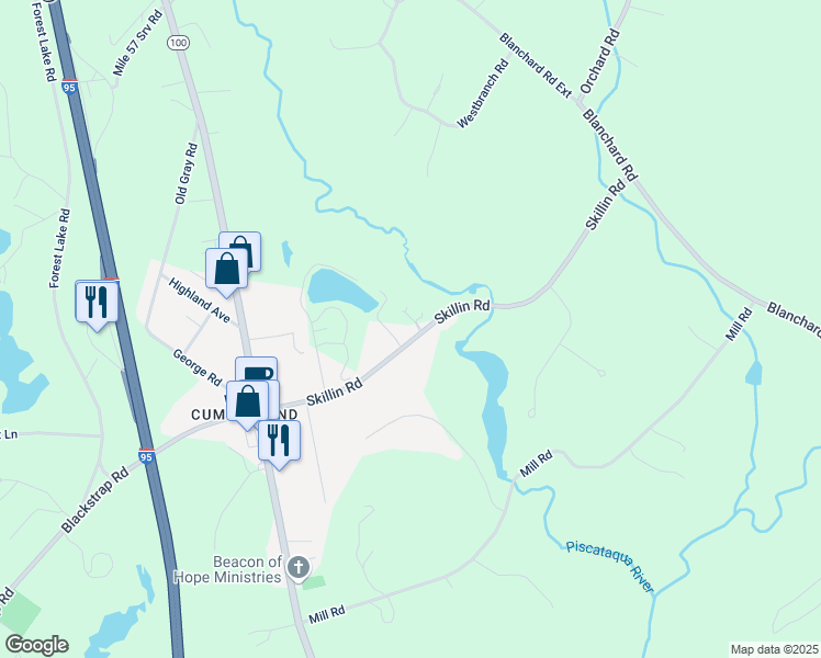 map of restaurants, bars, coffee shops, grocery stores, and more near 36 Skillin Road in Cumberland