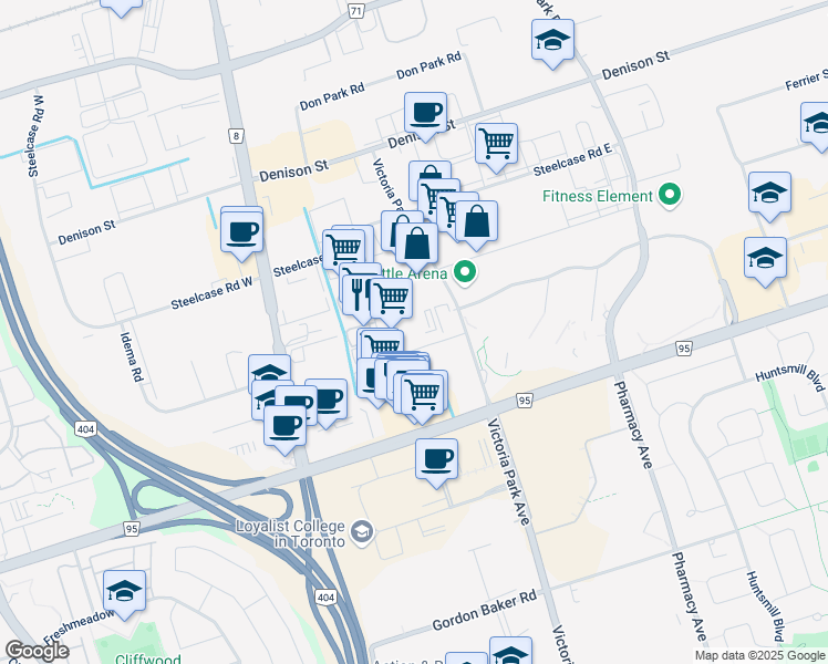 map of restaurants, bars, coffee shops, grocery stores, and more near 220 Torbay Road in Markham