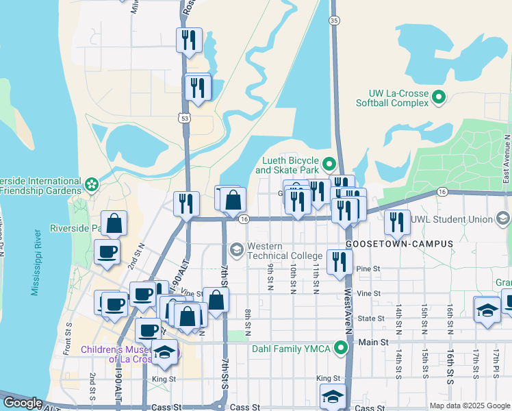 map of restaurants, bars, coffee shops, grocery stores, and more near 619 8th Place in La Crosse