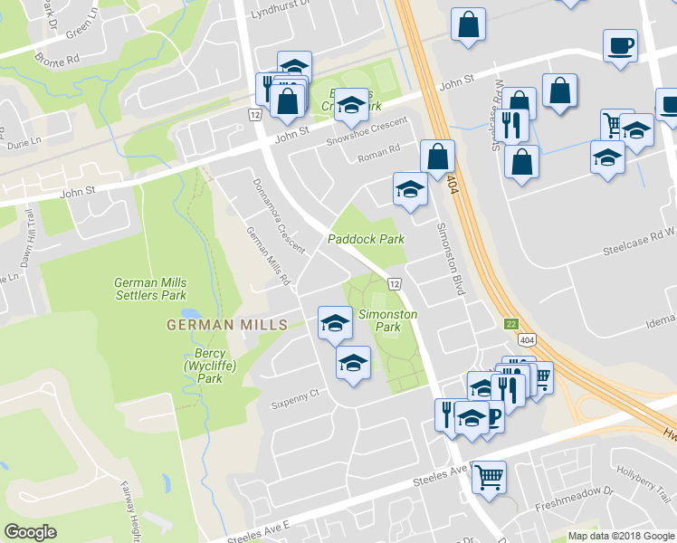 map of restaurants, bars, coffee shops, grocery stores, and more near 15 German Mills Road in Markham