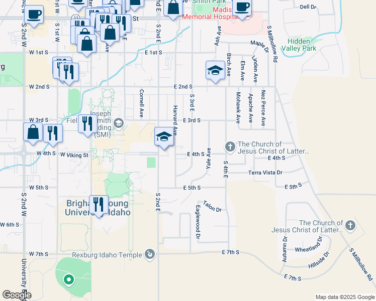 map of restaurants, bars, coffee shops, grocery stores, and more near 275 East 4th South in Rexburg