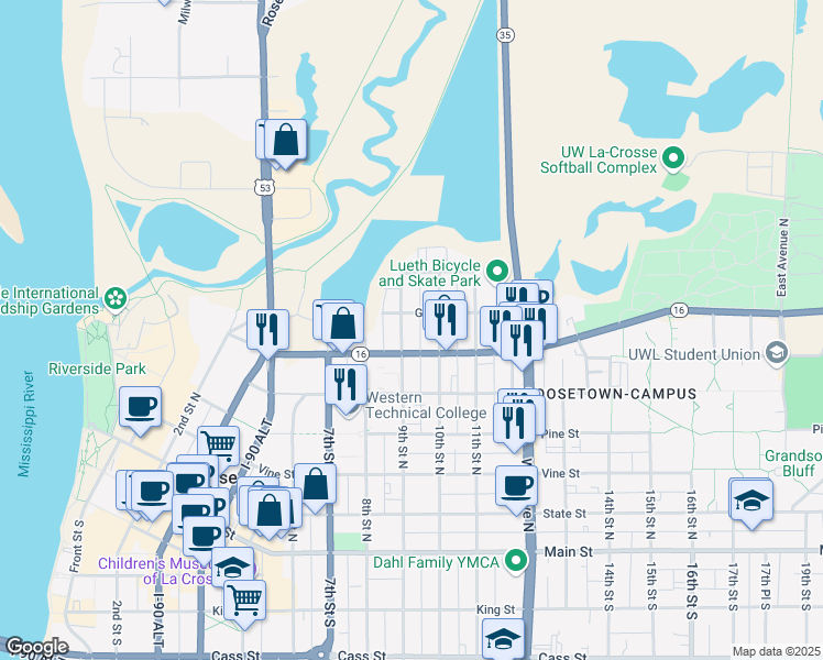 map of restaurants, bars, coffee shops, grocery stores, and more near 618 9th Street North in La Crosse