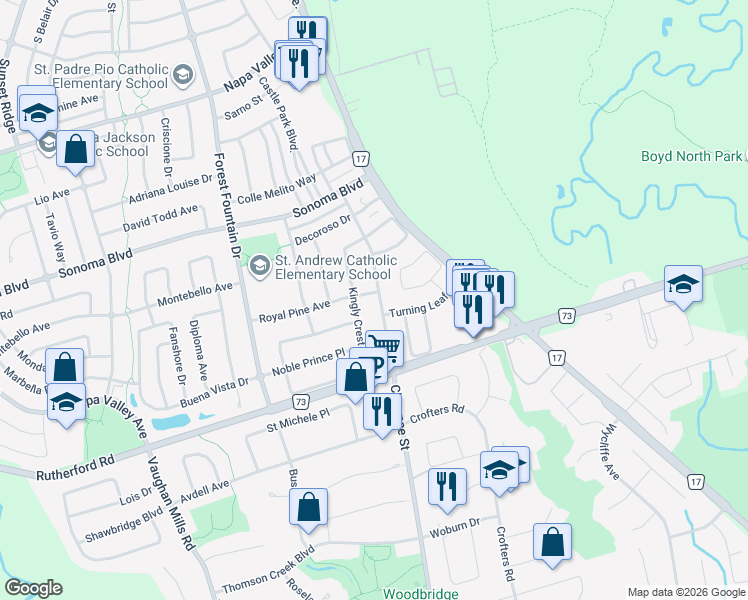 map of restaurants, bars, coffee shops, grocery stores, and more near 1 Royal Pine Avenue in Vaughan
