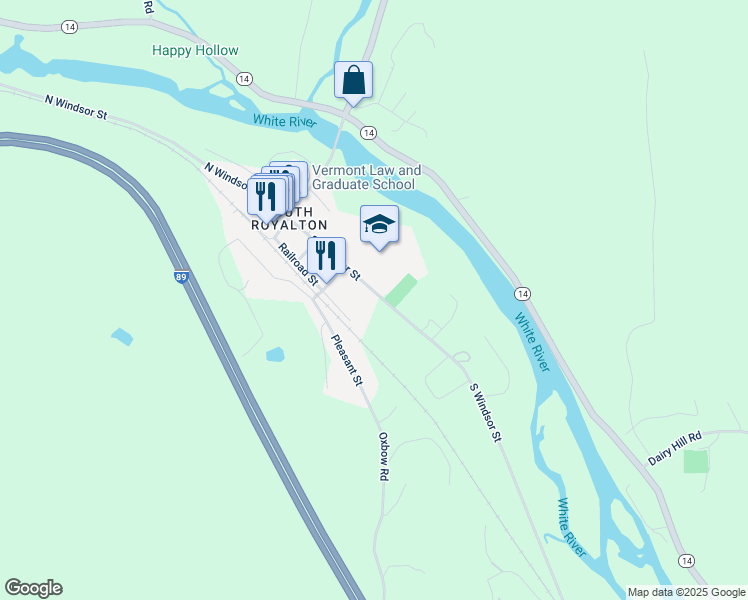 map of restaurants, bars, coffee shops, grocery stores, and more near 266 South Windsor Street in Royalton