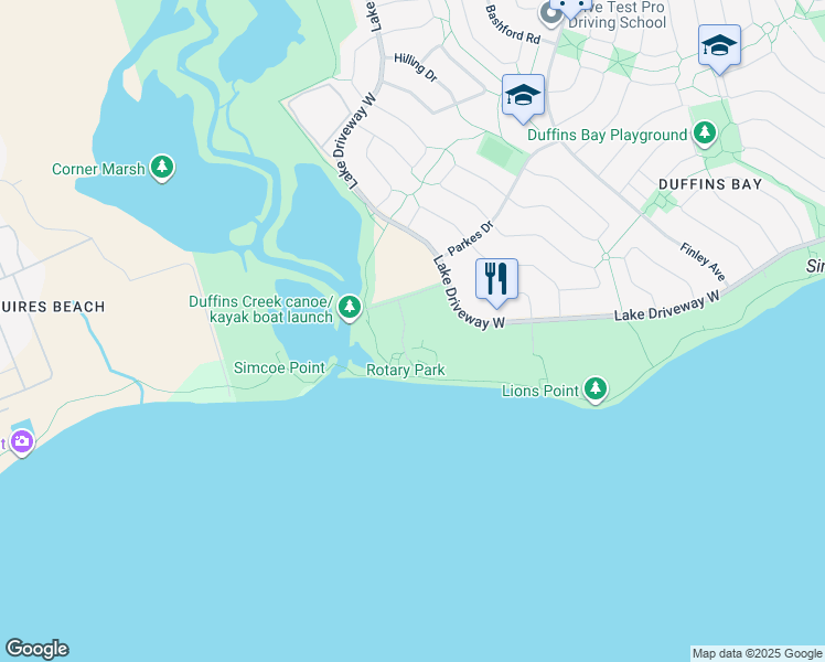 map of restaurants, bars, coffee shops, grocery stores, and more near 177 Lake Driveway West in Ajax