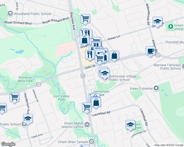 map of restaurants, bars, coffee shops, grocery stores, and more near 77 Niles Way in Markham