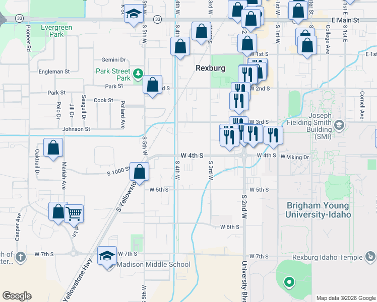 map of restaurants, bars, coffee shops, grocery stores, and more near 376 West 4th South in Rexburg